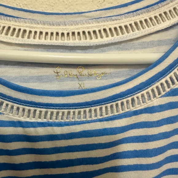 Lilly Pulitzer Striped Blue Dress with White Eyelet Ruffle Sleeves Size XL - Picture 3 of 4